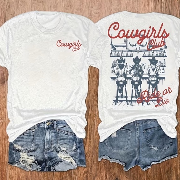 None Tops - WESTERN White Cowgirls Club Graphic Print Tee Shirt Crewneck Short Sleeve